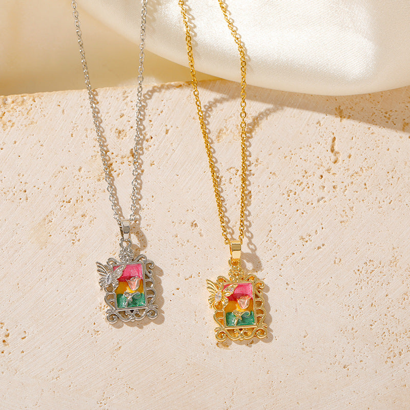 Wholesale Painted Floral Art Copper Plated 18k True Gold Color Oil Painting Rose Necklaces