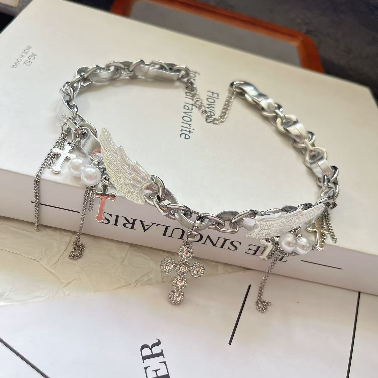 Wholesale Stitching Silver Wings Angel Wings Cross Necklace