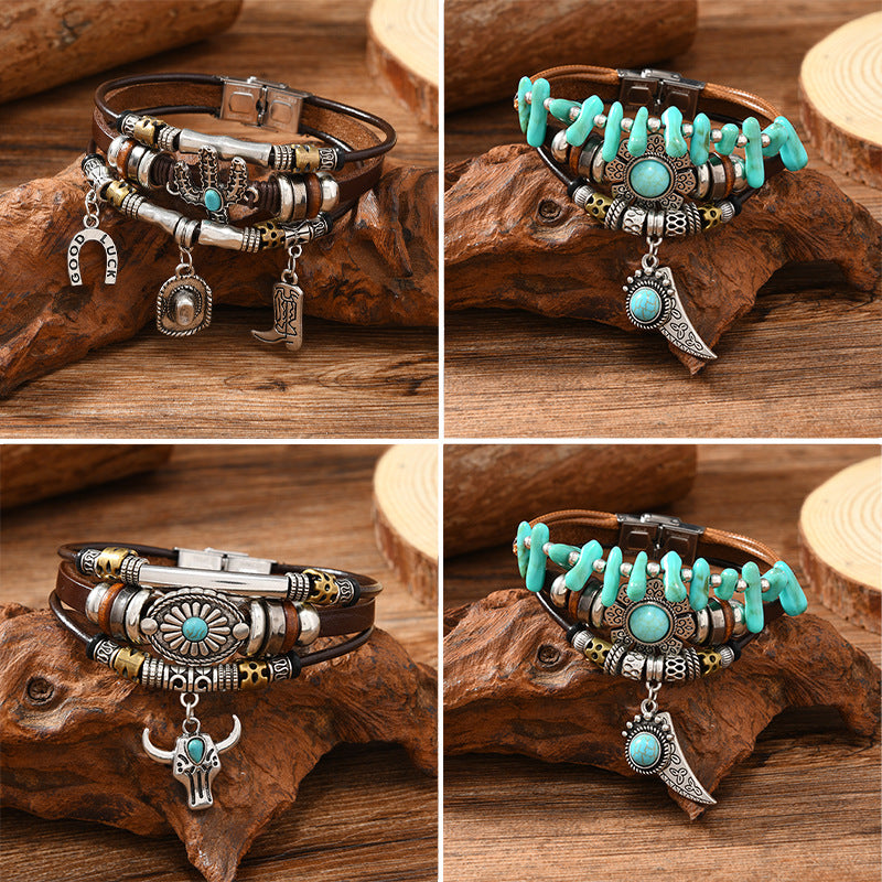 Wholesale Creative Ethnic Punk Style Beaded Leather Bracelet Handmade Unisex Fashion Accessory