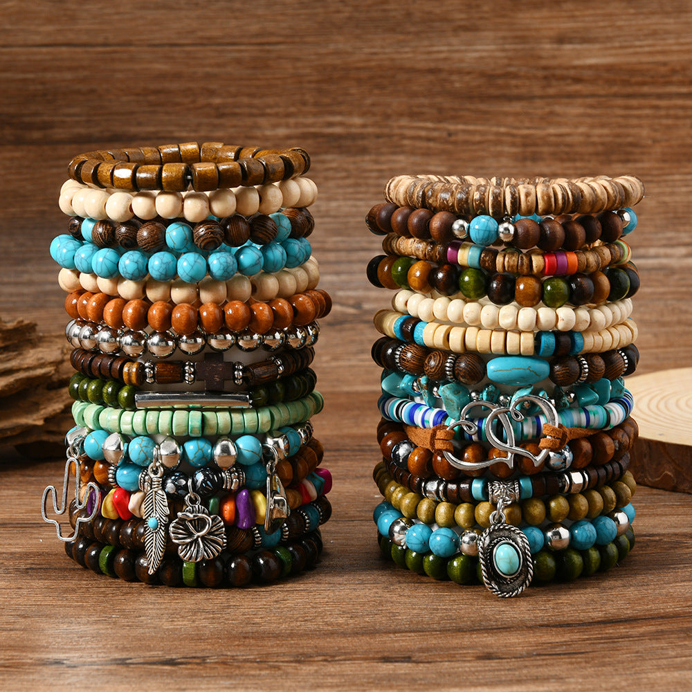 Wholesale Bohemian Style nut Shell Wooden Beads Turquoise Handmade Bracelet
