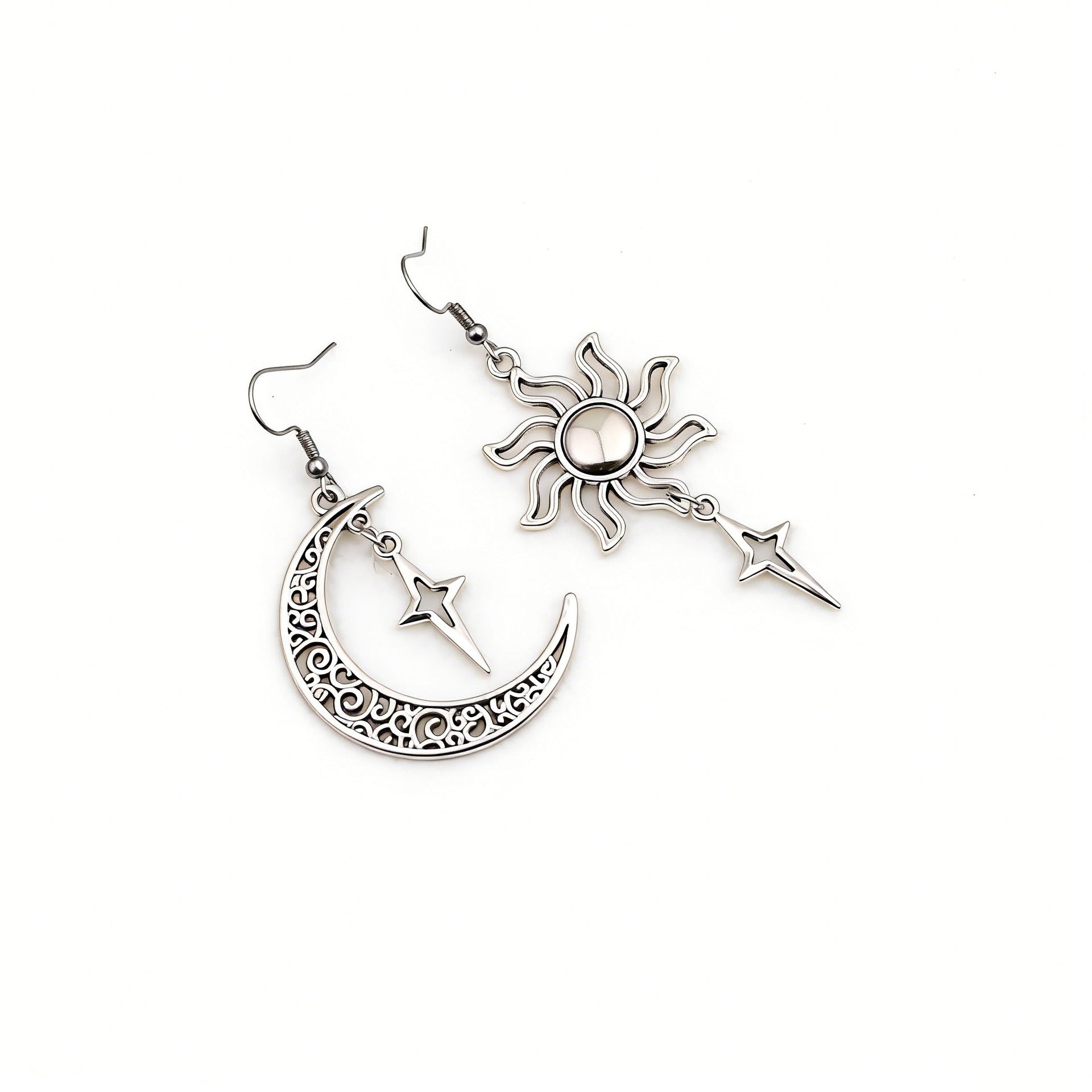 Wholesale Antique Silver Zinc Alloy Moon Sun Cross Star Pendant Earrings Vintage Retro Design Party Jewelry Accessory Gift For Women