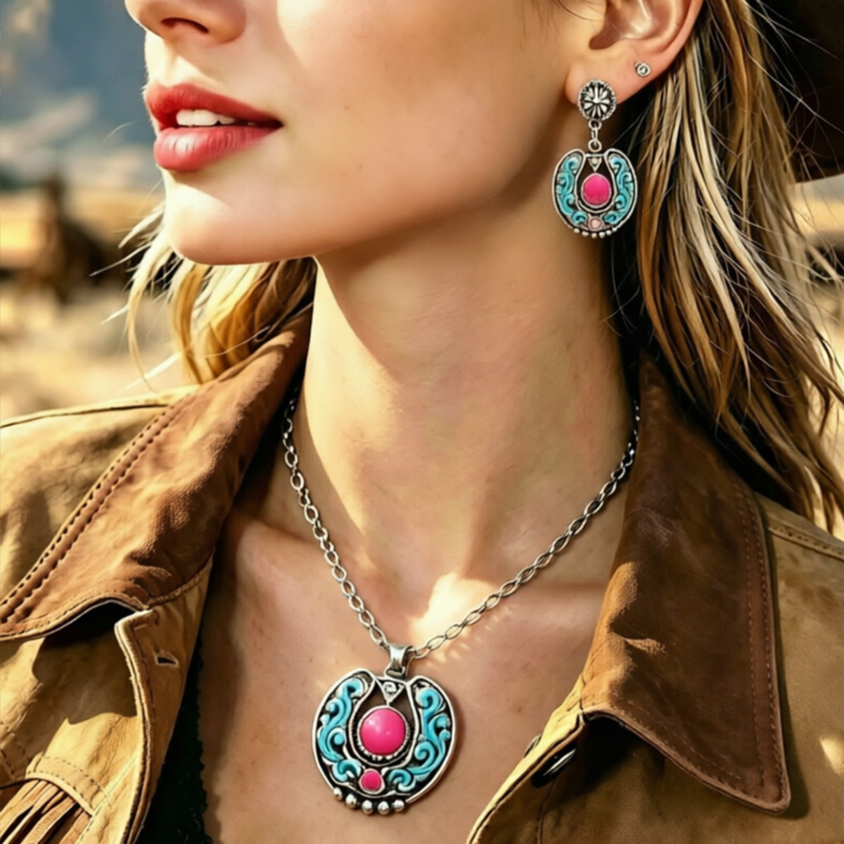 Wholesale Western-Style Exaggerated Turquoise Earrings and Necklace Set,  Zinc Alloy Electroplated Fashion Jewelry for Women