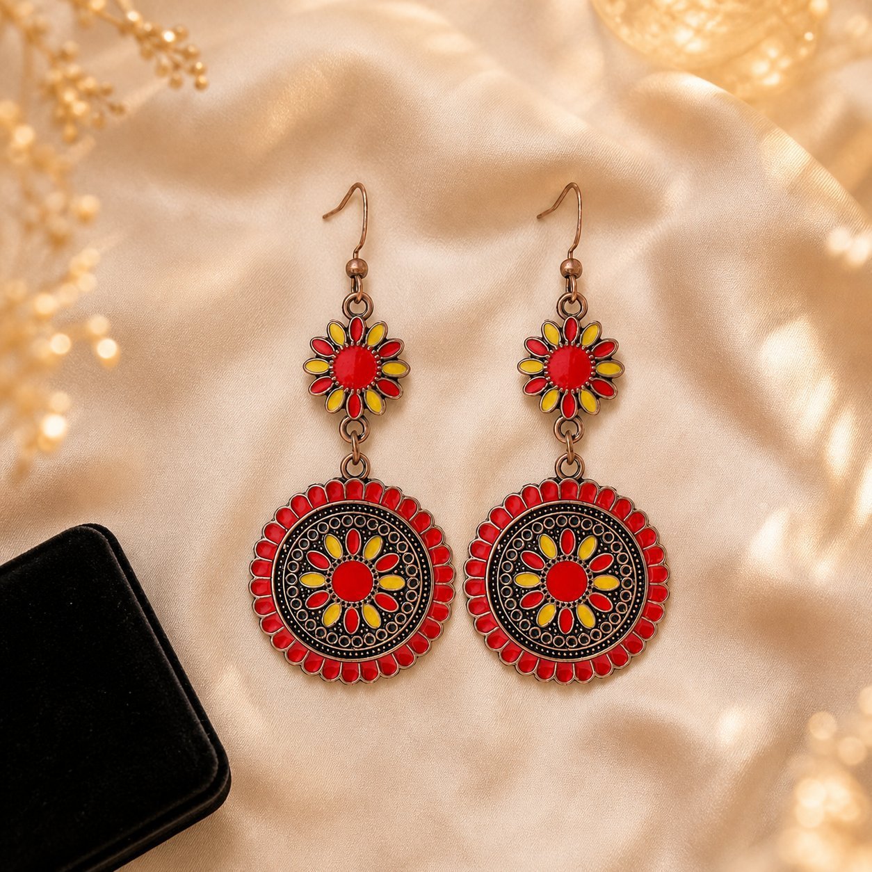 Wholesale Bohemian Geometric Round Oil Drop Earrings Bronze Red Alloy Flower Design Boutique Resale Jewelry Accessory