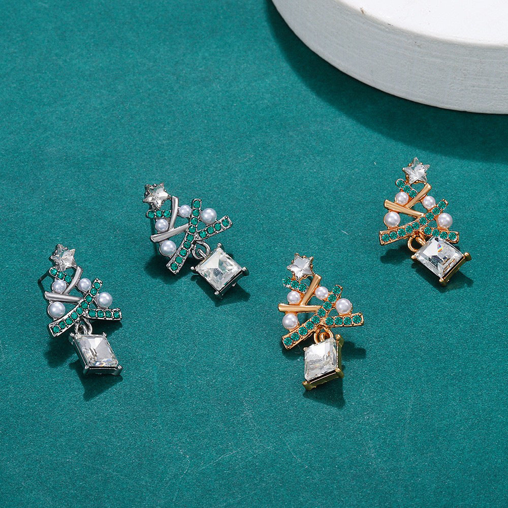 Wholesale Christmas Small Diamond Pearl Five-Pointed Star Christmas Tree Earrings