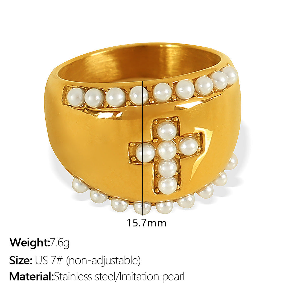 Wholesale high sense inlaid imitation pearl rhinestone ring retro titanium steel cross leaf ring jewelry