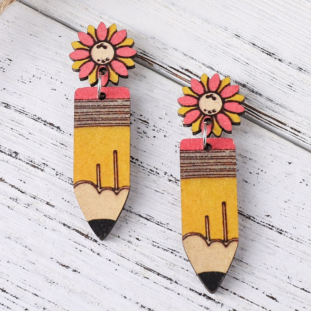 Wholesale Back to School sunflower pencil earrings graduation season wood earrings