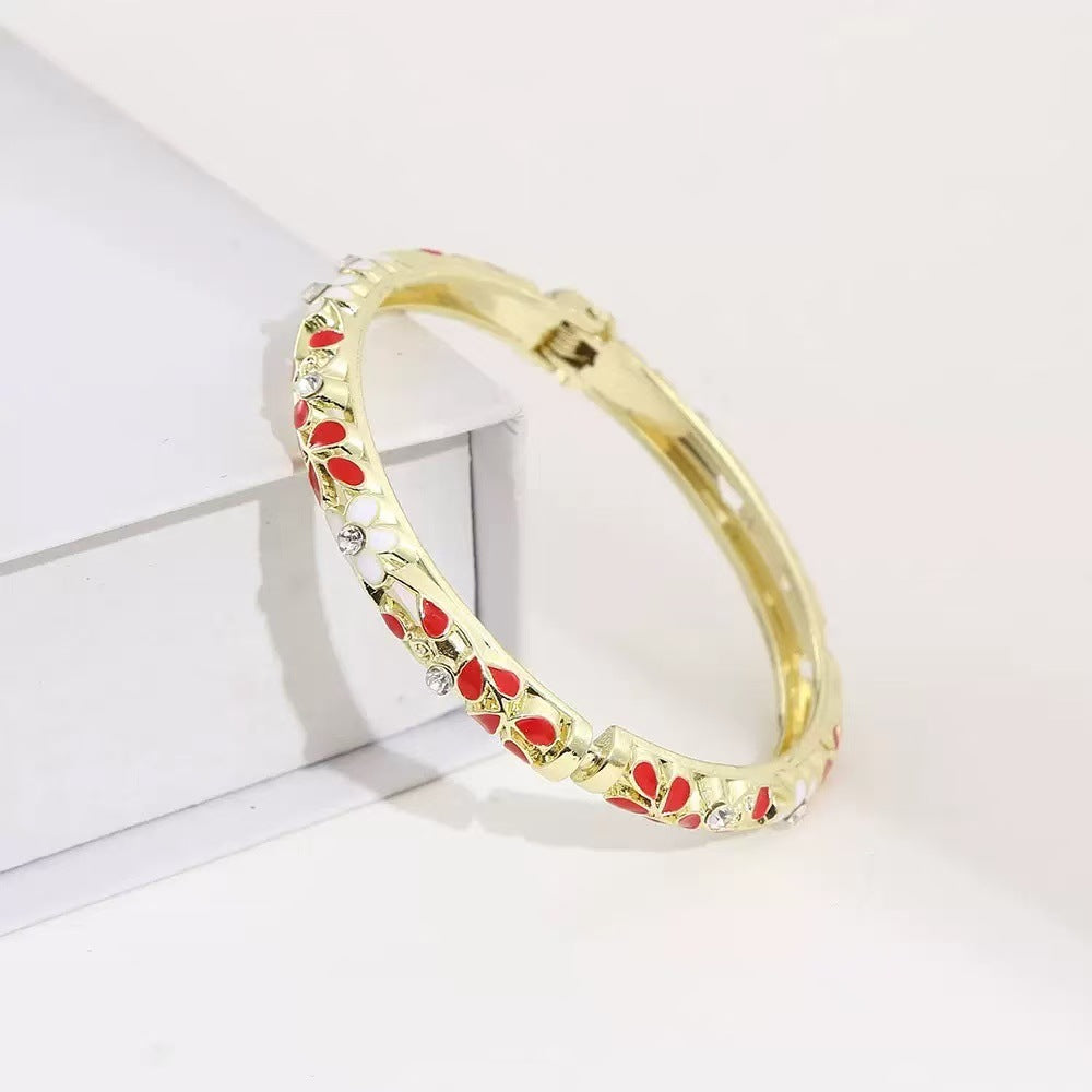 Wholesale Vintage Floral Open Cuff Hollow Bracelet White Leaves Pink Flowers Zinc Alloy Stylish Jewelry For Women