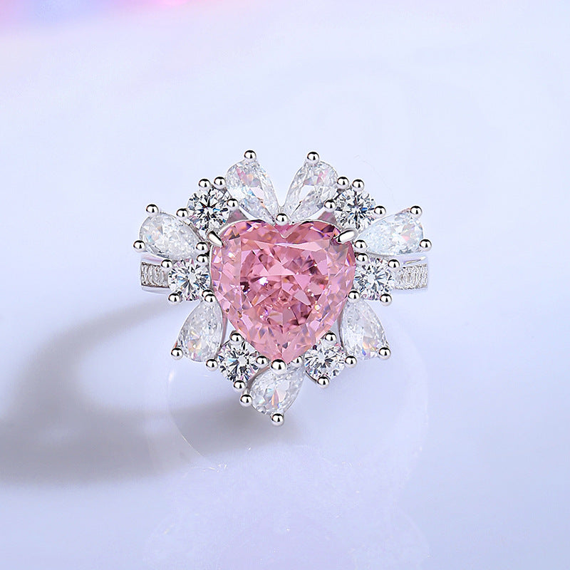 Wholesale heart-shaped pink high carbon diamond color treasure 925 sterling silver light luxury  ring