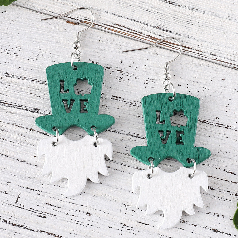 Wholesale St Patrick's Day green hat dwarf beard  LOVE wooden double-sided earrings