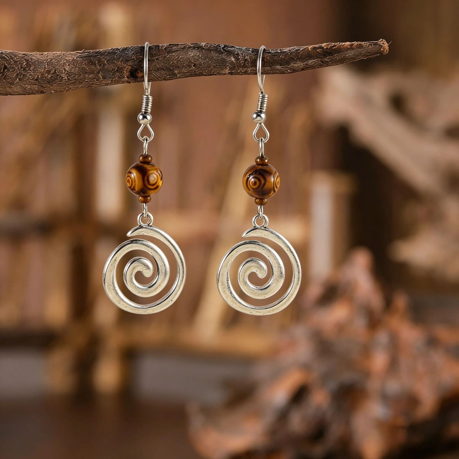 Wholesale Retro Wood Grain Spiral Pendant Earrings Geometric Ethnic Chic Fashion Accessory Zinc Alloy Jewelry Gift
