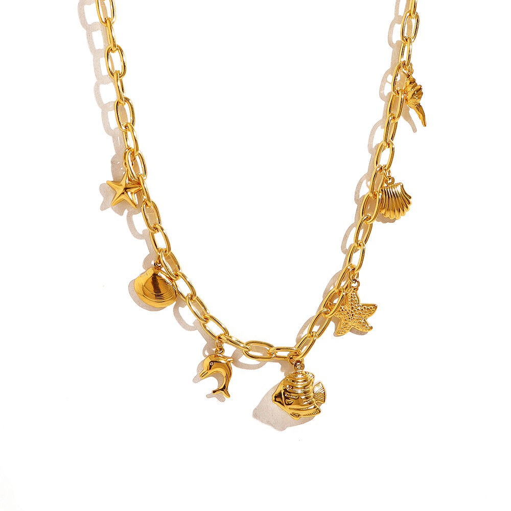 Wholesale Titanium Steel Ocean Series Conch Sea Star Dolphin Sea Fish Shell Multi-Pendant Necklaces