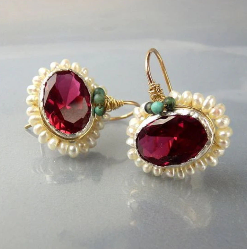 Wholesale  fashion retro new pearl flower inlaid ruby pendant earrings