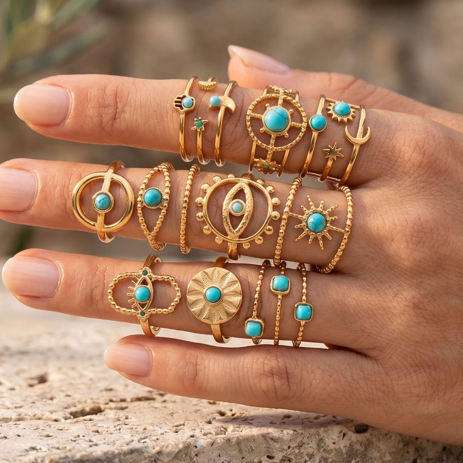 Wholesale Turquoise Star Moon Open Ring Stainless Steel Women S Chic Fashion Accessory