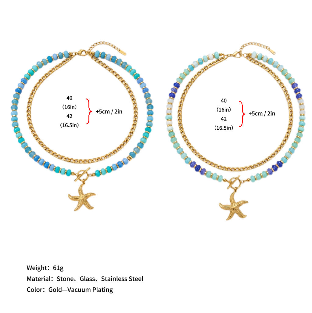 Wholesale Rainbow Layered Beaded Necklace Heart Pendant Natural Stone Titanium Steel Chain For Women Boutique Resale