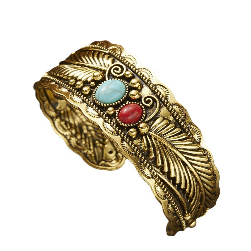 Wholesale oval turquoise bracelet  retro two-color leaf bracelet