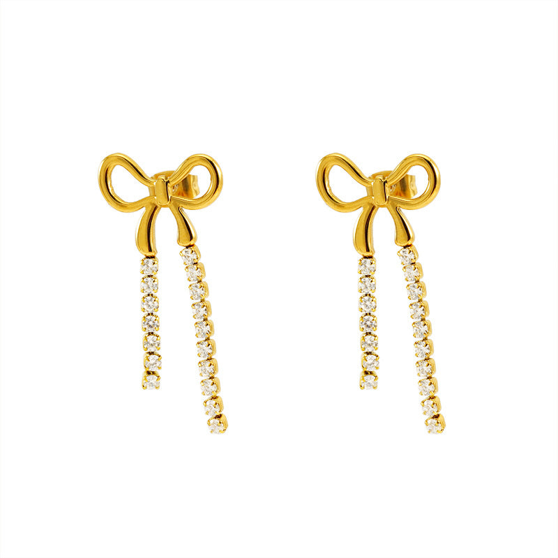 Wholesale Stainless steel  bow earrings long tassel earrings