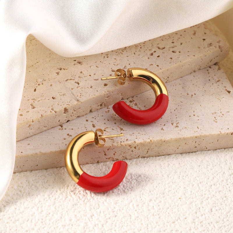 Wholesale Titanium steel earrings  drop oil color enamel  opening C- shaped buckle retro earrings