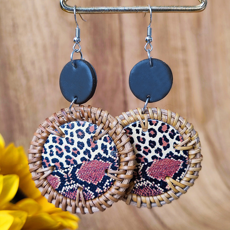 Wholesale 3 Pairs/Pack Polymer Clay Rattan Copper Woven Leopard Zebra Print Earrings ACC-ES-HY100