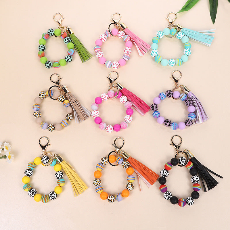 Wholesale Retro Silicone Bead Bracelet Keychain With PU Tassel Mint Green Geometric Print Chic Fashion Accessory For Everyday Use