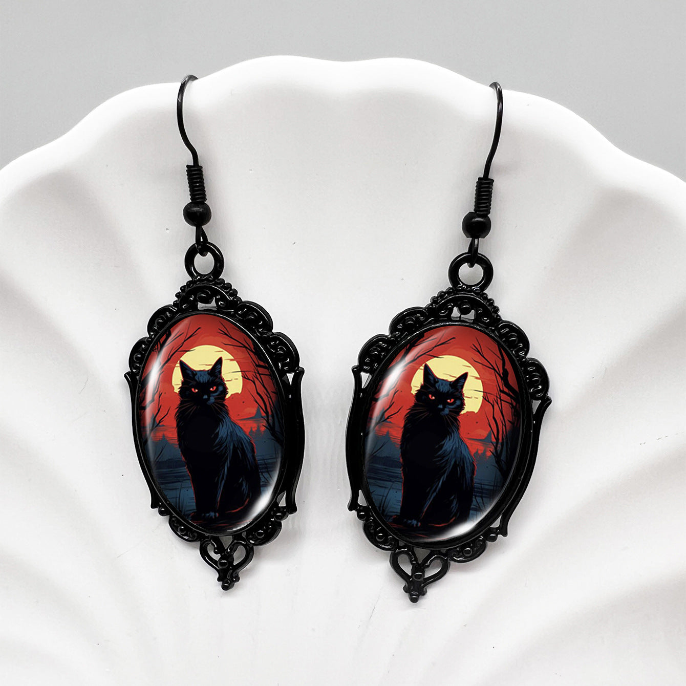 Wholesale Halloween Crow Skull Oval Lace Witch Pumpkin Black Cat Moon Metal Earrings ACCVIP-ES-XiangLian006