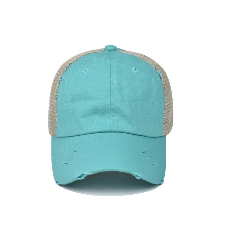 Wholesale Fashion Distressed Ponytail Baseball Cap For Women Curved Brim Adjustable Mesh Sun Hat Outdoor