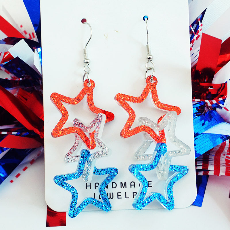 Wholesale 2 Pairs/pack American Independence Day Rotating Mirror Heart-shaped Five-pointed Star Acrylic Earrings ACC-ES-HY047