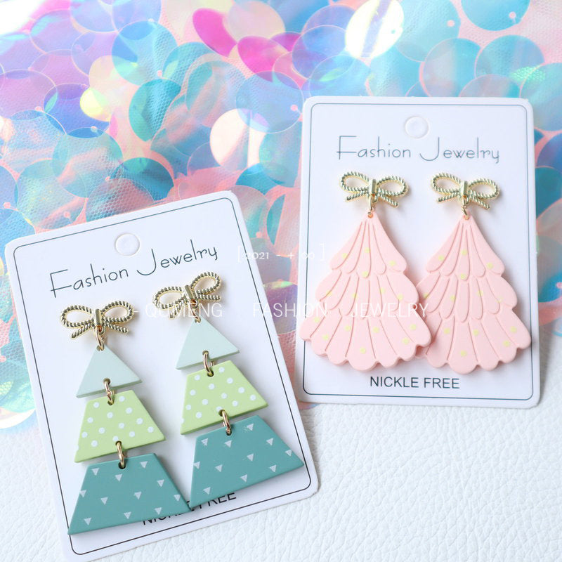 Wholesale Acrylic Christmas Tree Polymer Clay Painted Polka Dot Earrings