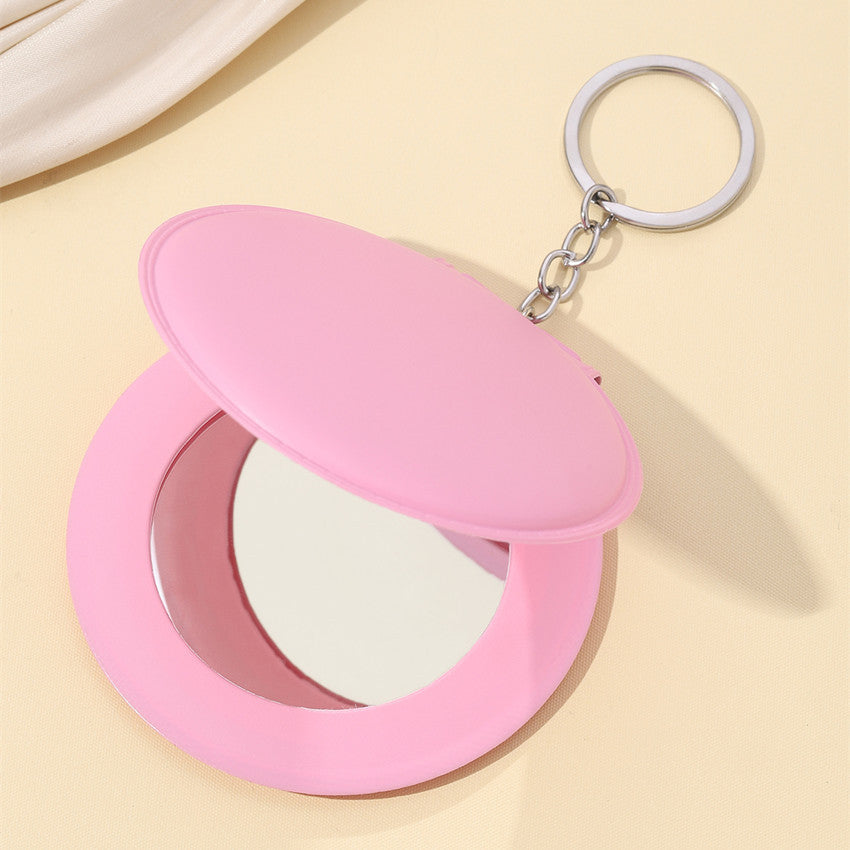 Wholesale Candy Color Cosmetic Mirror Leather Small Round Mirror Portable Folding Keychain Pom Pom ACC-KC-RongR037