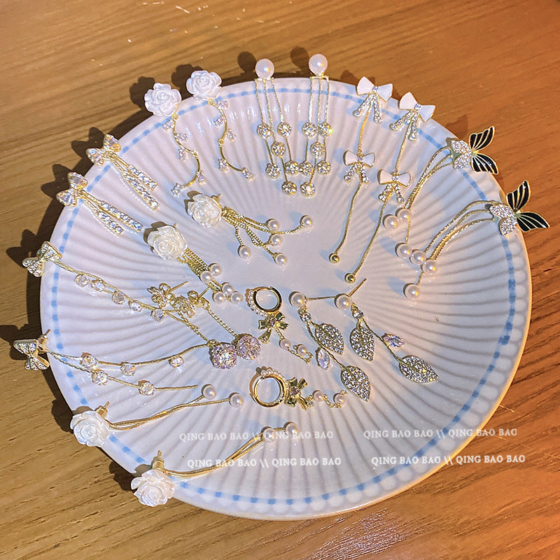 Wholesale Shiny Pearl Bow Tassel Butterfly Copper S925 Silver Needle Earrings Pearl Earrings Bow Earrings ACC-ES-LvSha003