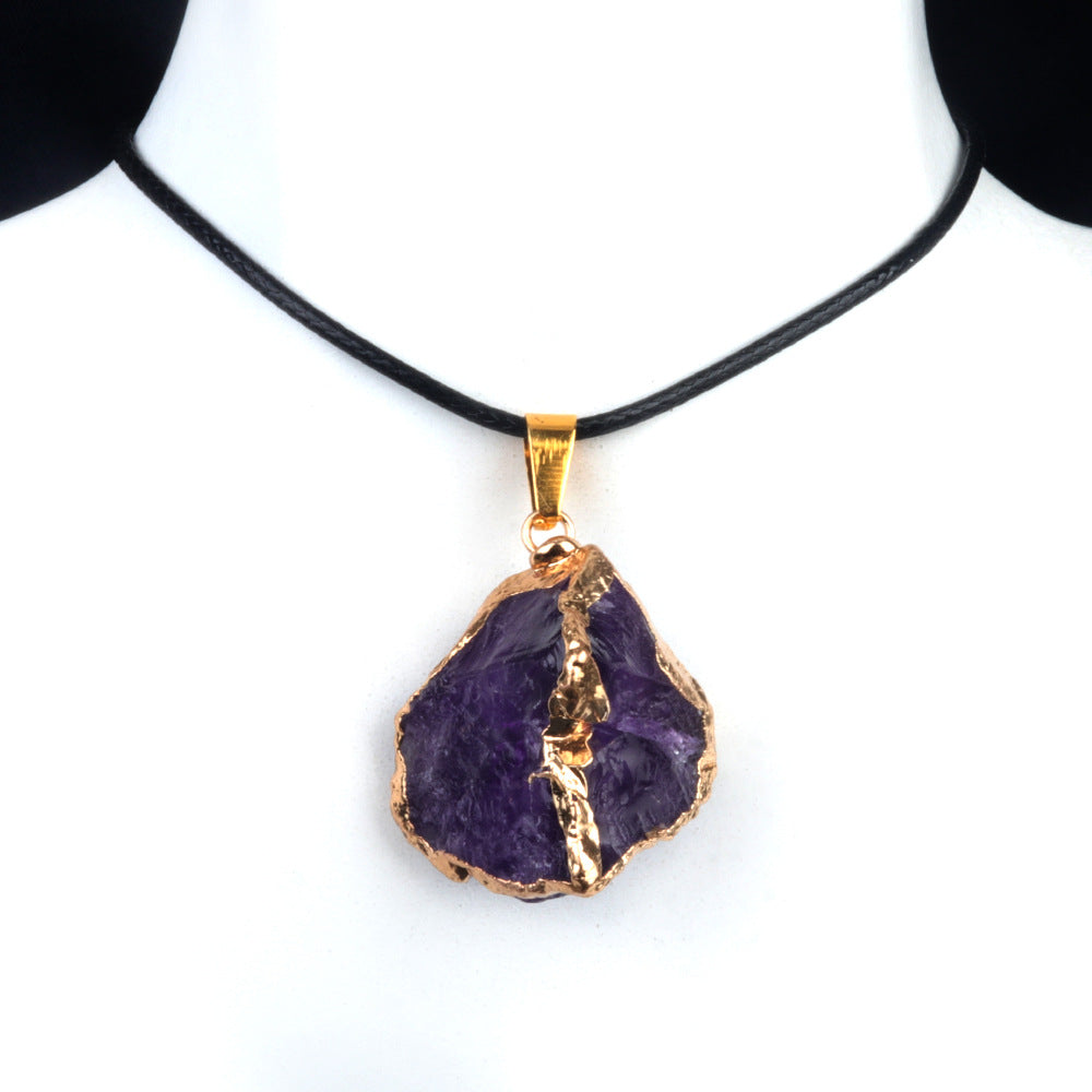Wholesale 25~35mm Amethyst Original Stone Gold Pendant Yellow Powder White Crystal Irregular Necklace