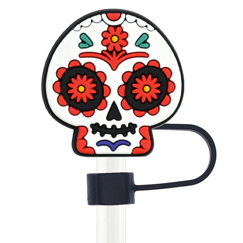Wholesale Random 100pcs Day of the Dead Skull 10mm PVC Soft Straw Tube Cap ACC-SCR-RYY099