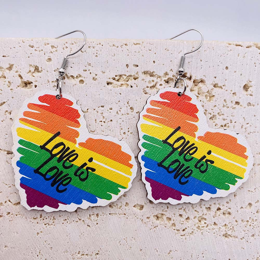 Wholesale Wooden Earrings Rainbow Love Valentine's Day Geometric Earrings