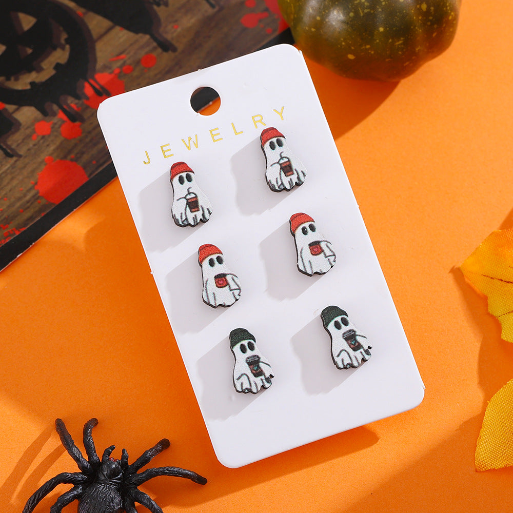 Wholesale Halloween Wood Coffee Ghost Earrings Set