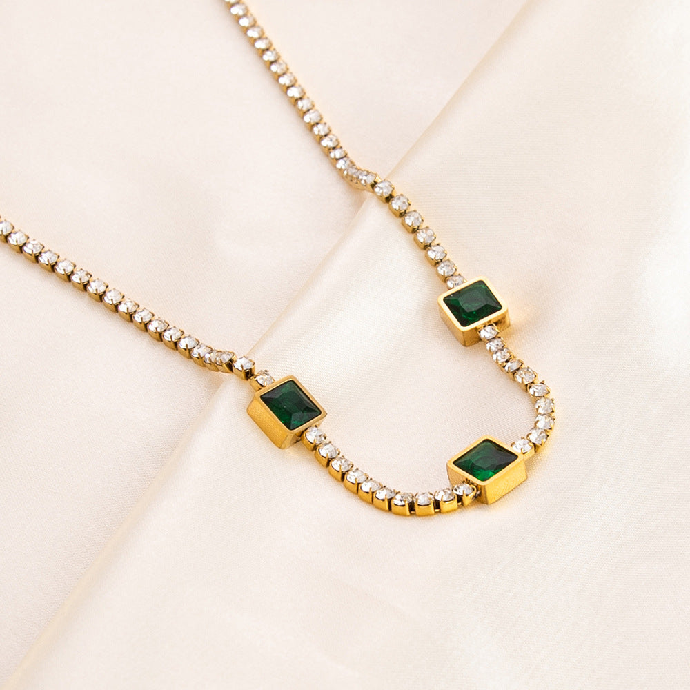 Wholesale Stainless Steel Necklace 18K Gold Plated Square Emerald Rhinestone Zircon Choker Necklaces ACC-NE-YuHui003