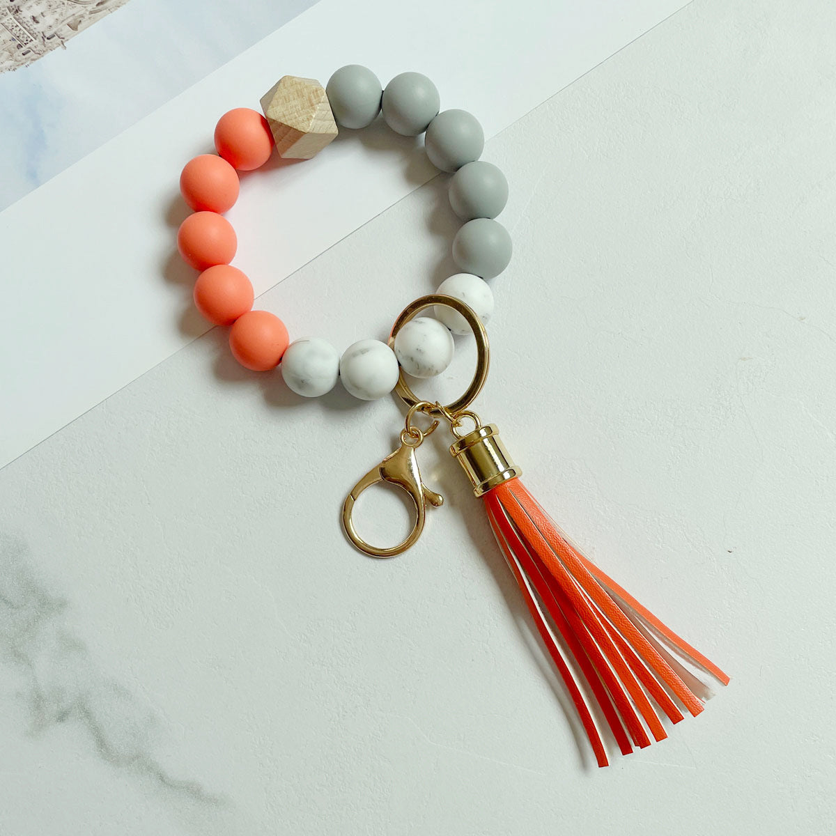 Wholesale Silicone Beads Bracelet Wooden Beads Leopard Print Cow Print Wristlet Keychain ACC-KC-Jinz001