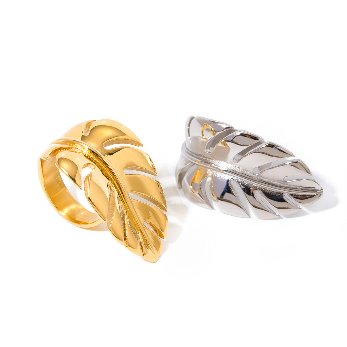 Wholesale  18k gold stainless steel smooth leaf shape opening ring