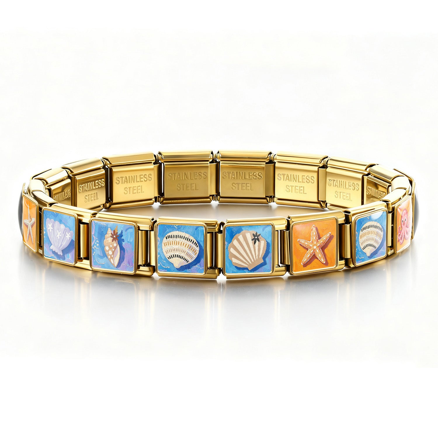 Wholesale Summer Beach Shell Square Painting Pattern Stainless Steel Bracelet DIY Fashion Accessory