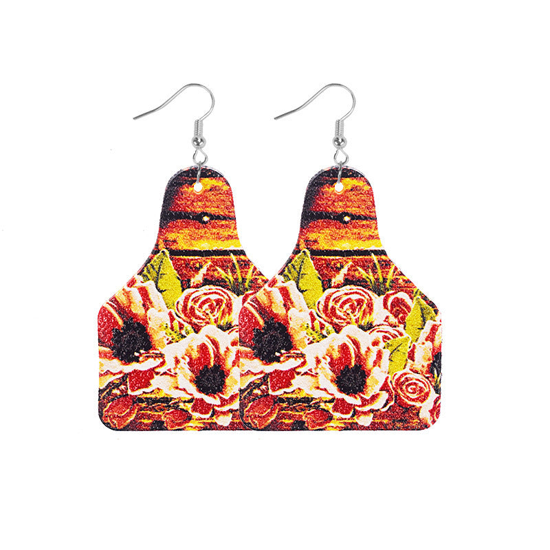 Wholesale Retro Western Cowboy Old Style Flower Bull Head Ethnic Style Print Leather Earrings