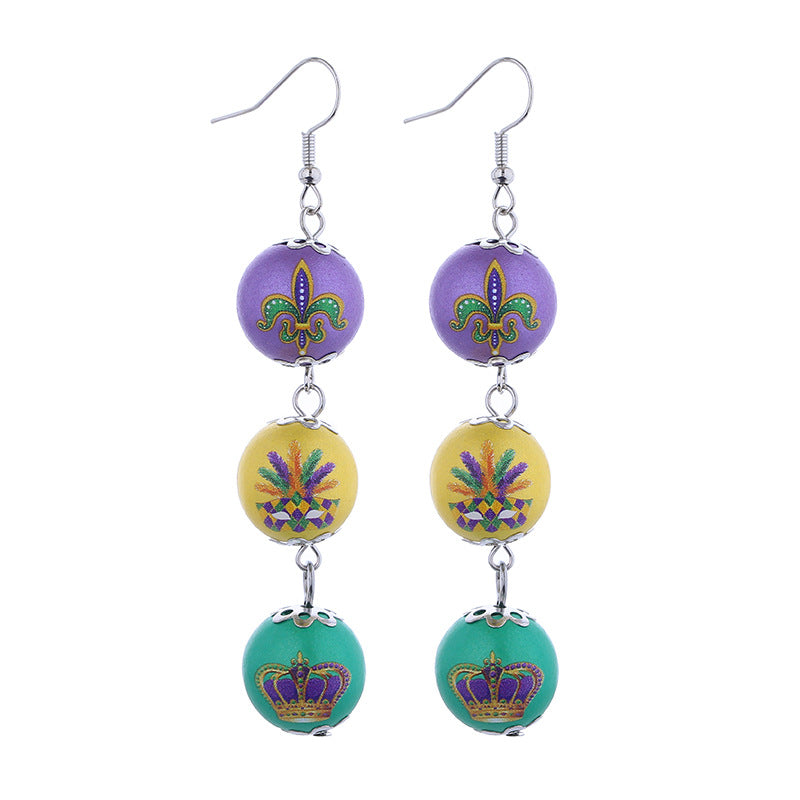Wholesale Mardi Gras Earrings Purple Yellow Green Tricolor Beaded Long Earrings