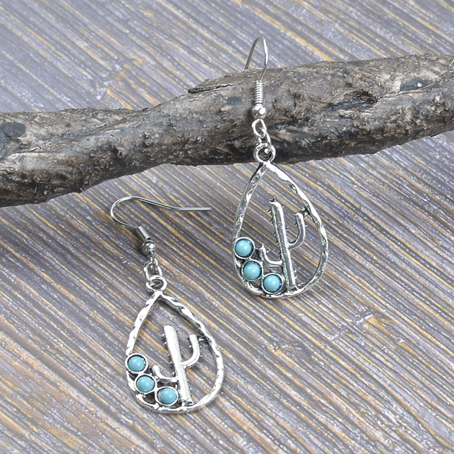 Wholesale Retro Bohemian Turquoise Cactus Drop Earrings Zinc Alloy Jewelry Accessory