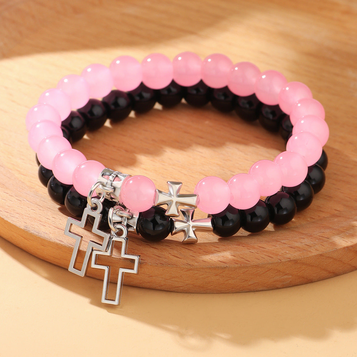 Wholesale Stainless Steel Hollow Cross Handmade Glass Beaded Bracelet