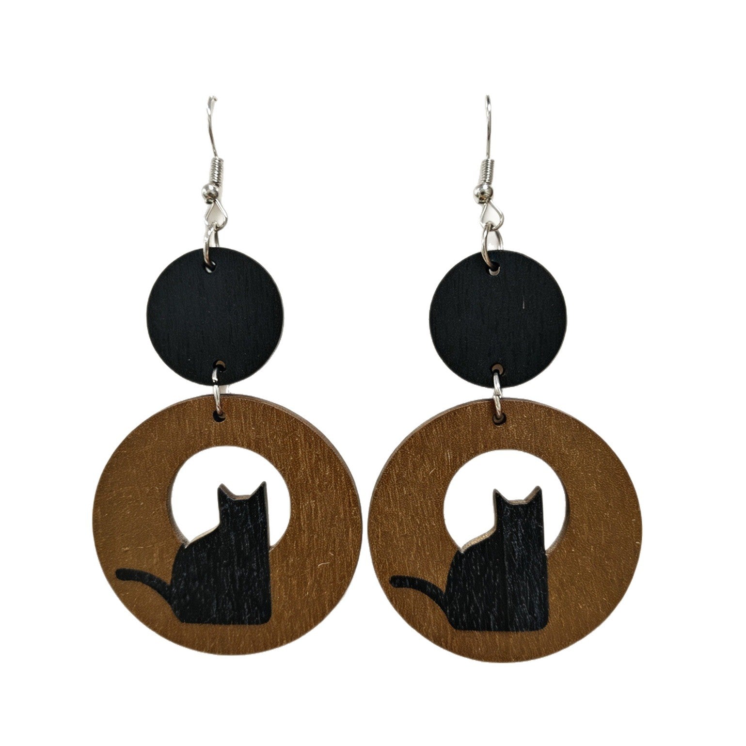 Wholesale Vintage Black Cat Hollow Wood Earrings Geometric Circle Silhouette Chic Jewelry Accessory For Resale