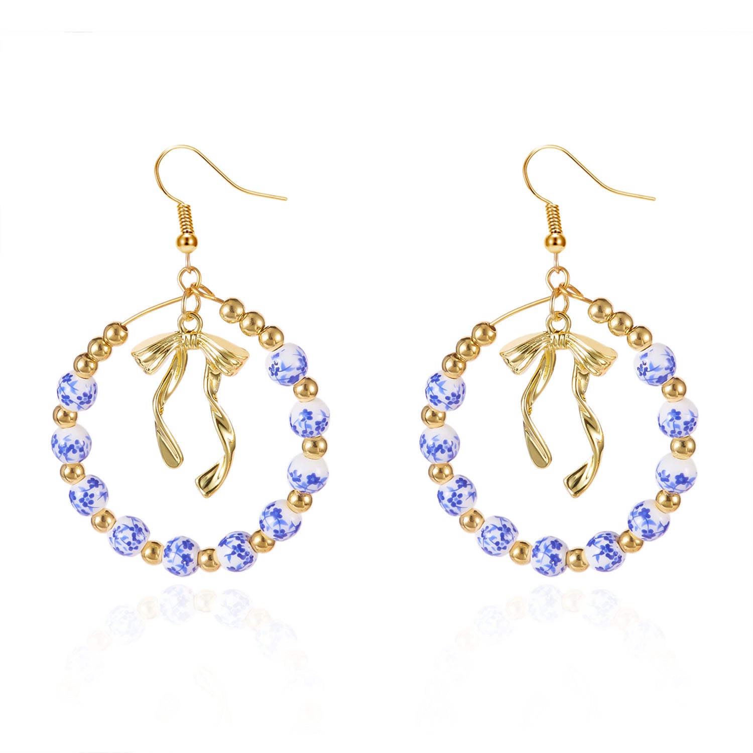 Wholesale Chinese style floral blue and white porcelain bow earrings
