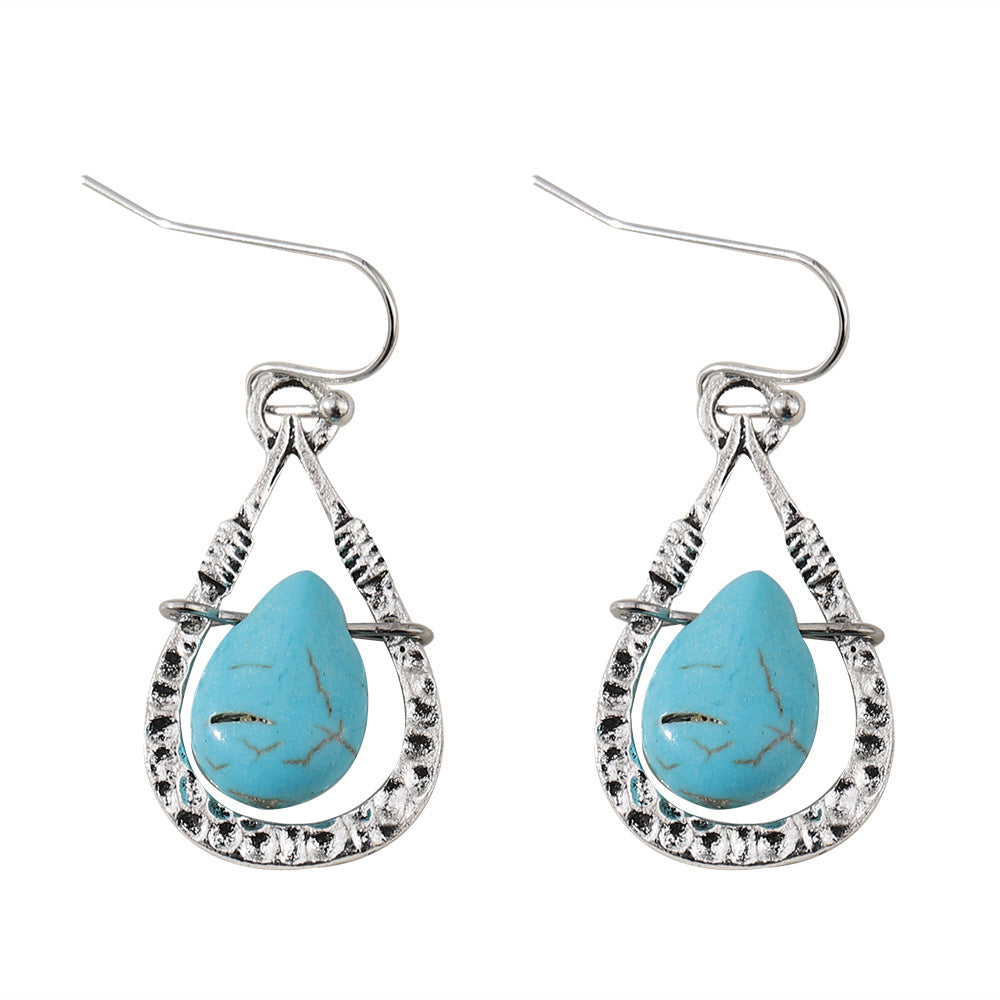 Wholesale Electroplated Zinc Alloy Hollow Turquoise Drop Earrings Bohemian Party Wear