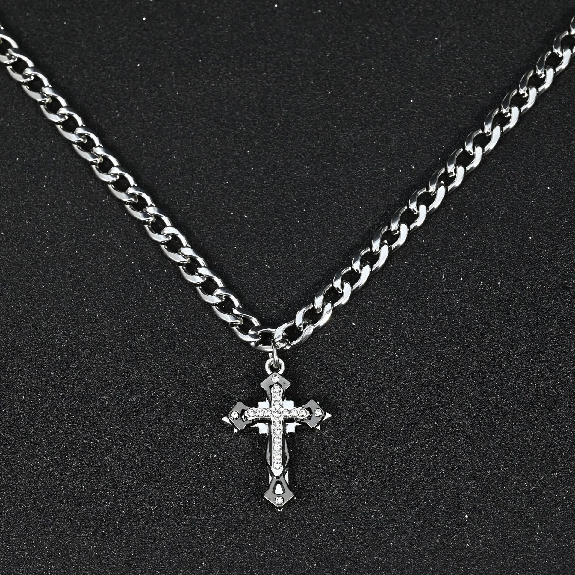 Wholesale Stainless Steel Cuban Chain Necklace Three Layer Rhinestone Cross Pendant Chic Hip Hop Fashion Accessory For Gift