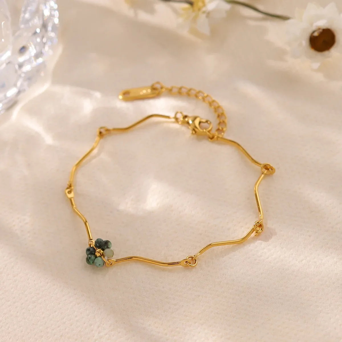 Wholesale Stainless Steel Natural Stone Beaded Flower Bracelet
