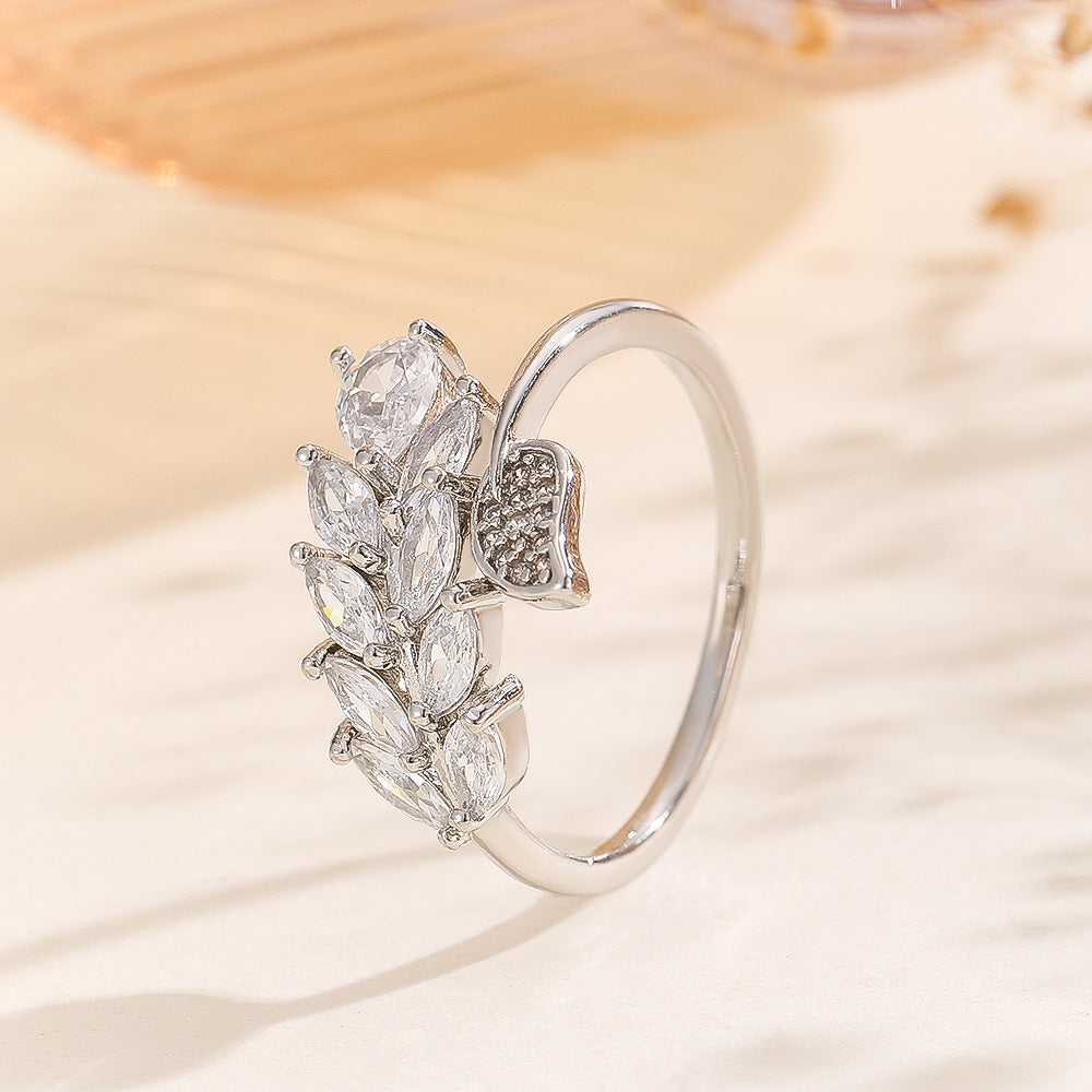 Wholesale Gold Copper Zircon Leaf Open Ring Fashion Jewelry Accessory Gift For Women