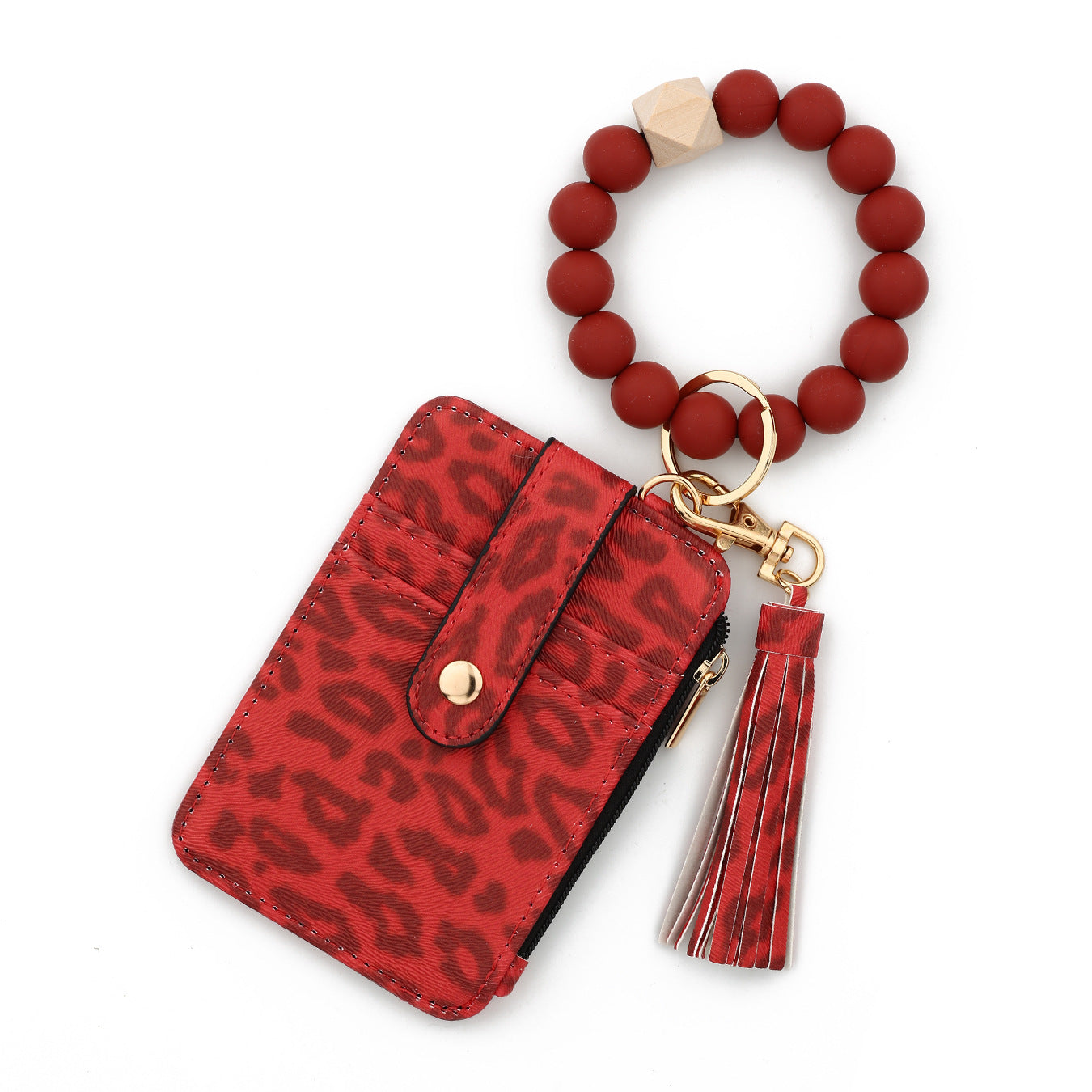 Wholesale PU leather and silicone bead bracelet leopard print wallet and keychain