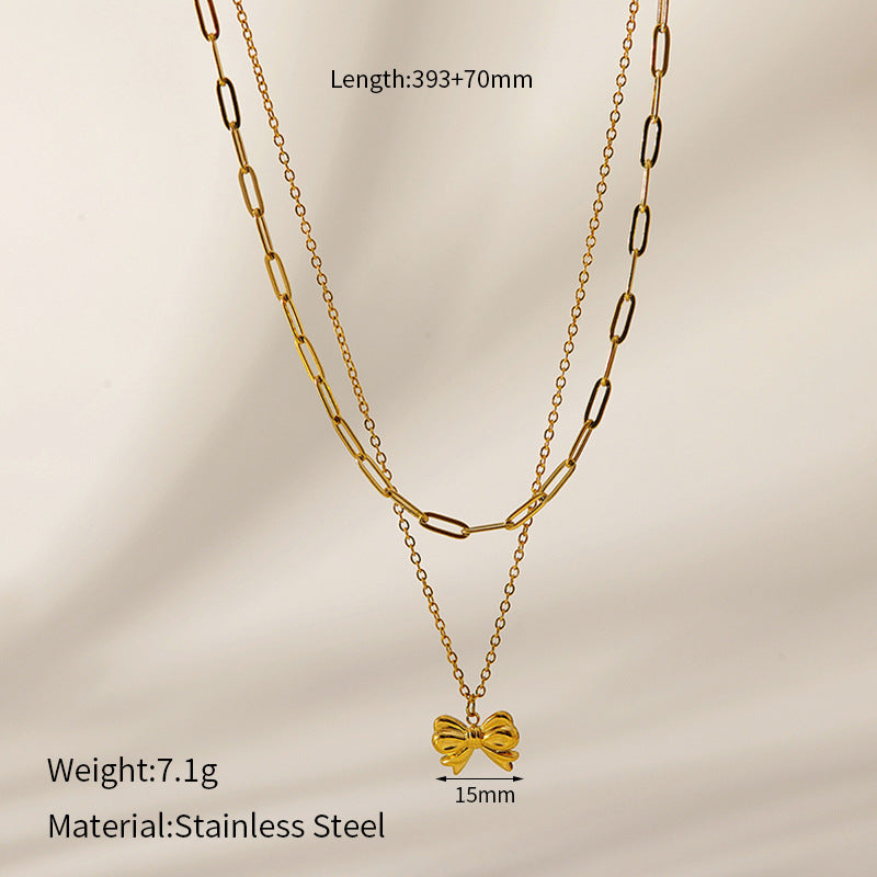 Wholesale Titanium Steel 18k Golden Bow Chain Double Butterfly Pendant Necklace