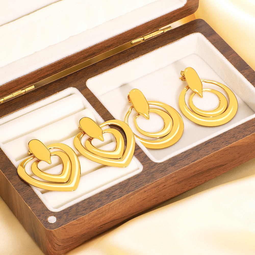 Großhandel glatter Ring Liebesförmiges Herz Doppelschicht Hohlring Langes Edelstahlohrringe